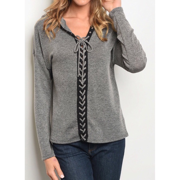 Gray Lace Up Hoodie - Picture 1 of 4
